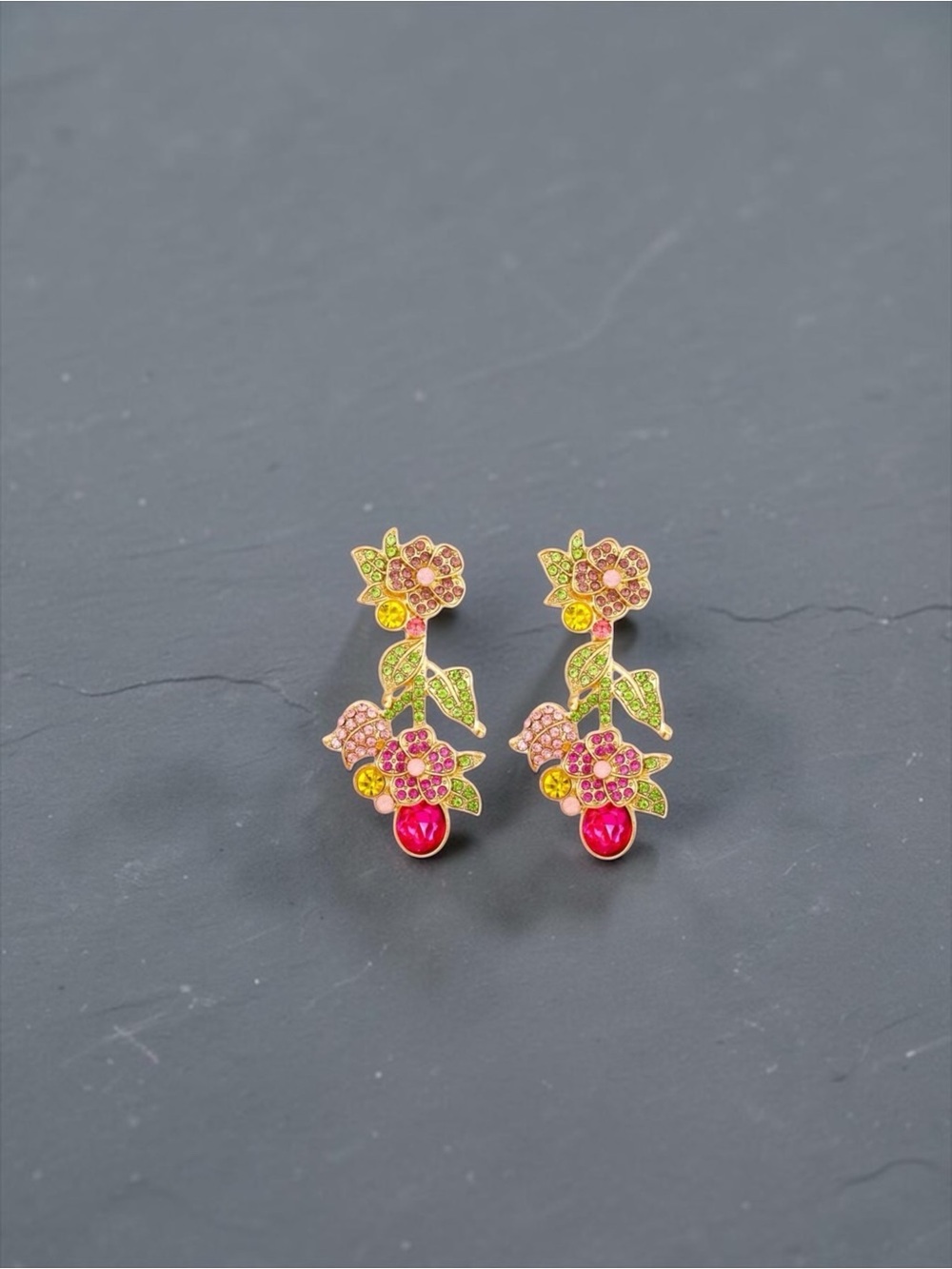 Leaf & Flower Stud Dangle Earrings Shiny Mixed Color Crystal - Picture 6 of 6